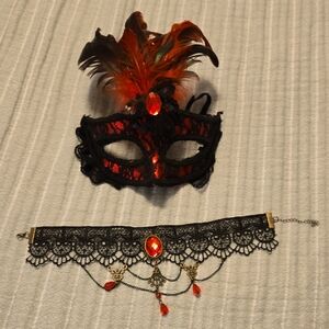 Glamorous Red and Black Feathered Mask with Lace Choker